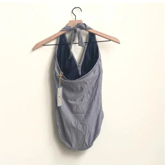New Draper James x Helen Jon Keyhole navy Gingham Halter swimsuit one piece - Picture 9 of 16